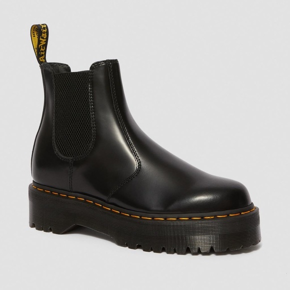 Dr. Martens Shoes - Dr. Martens Black Leather Platform Chelsea Boots with Yellow Stitching